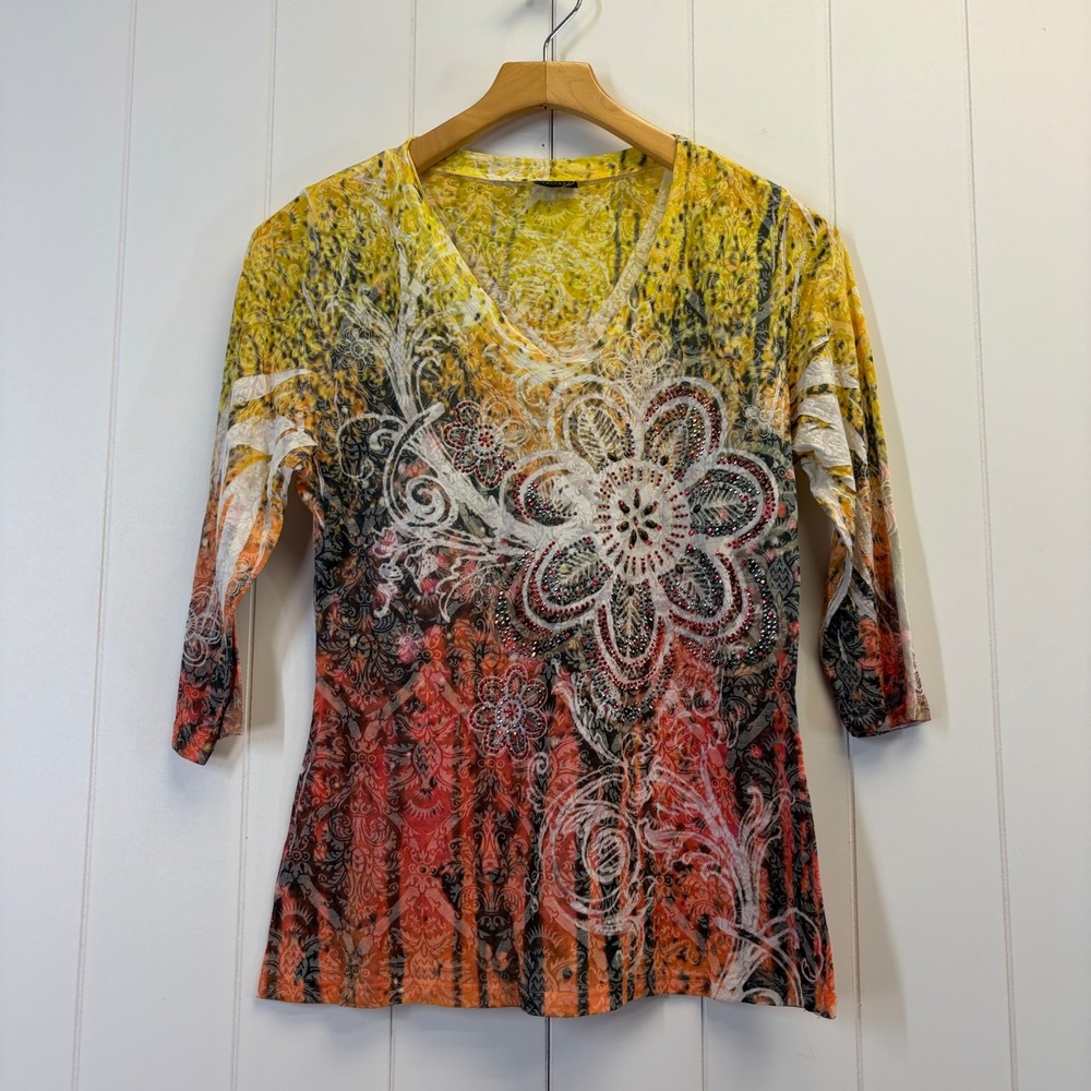 Fantazia Y2K McBling Graphic Print V-Neck Top Women Medium Boho Concert Festival
